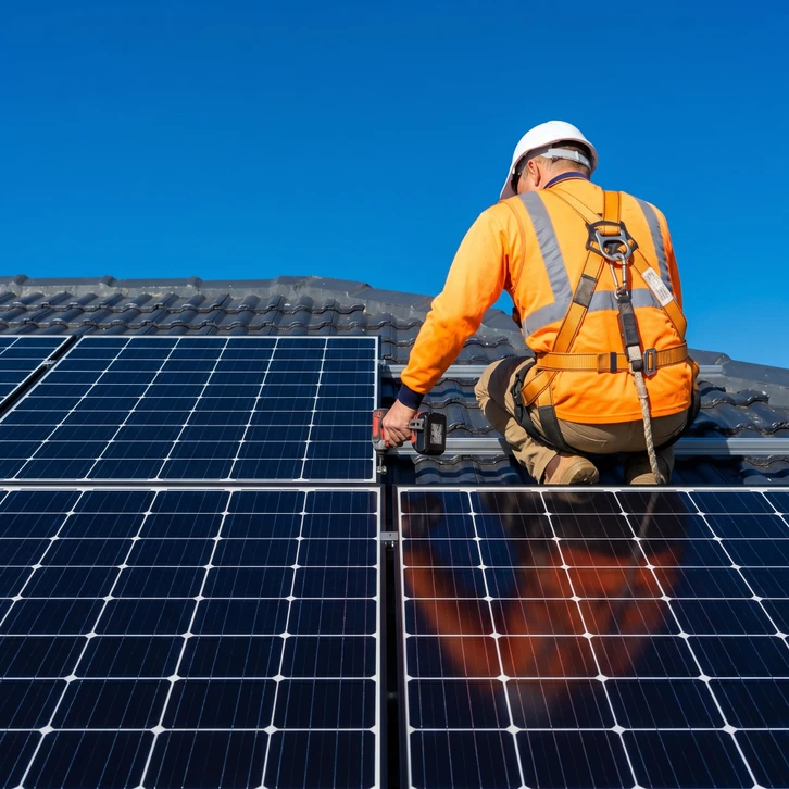 Technicien en &eacute;quipement de protection individuelle installant des panneaux solaires photovolta&iuml;ques sur toiture r&eacute;sidentielle par temps ensoleill&eacute;