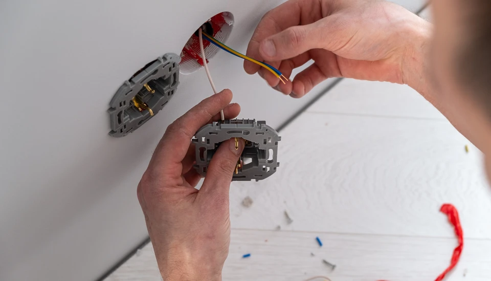 Un électricien en salopette bleue installe un luminaire au plafond d'un intérieur résidentiel